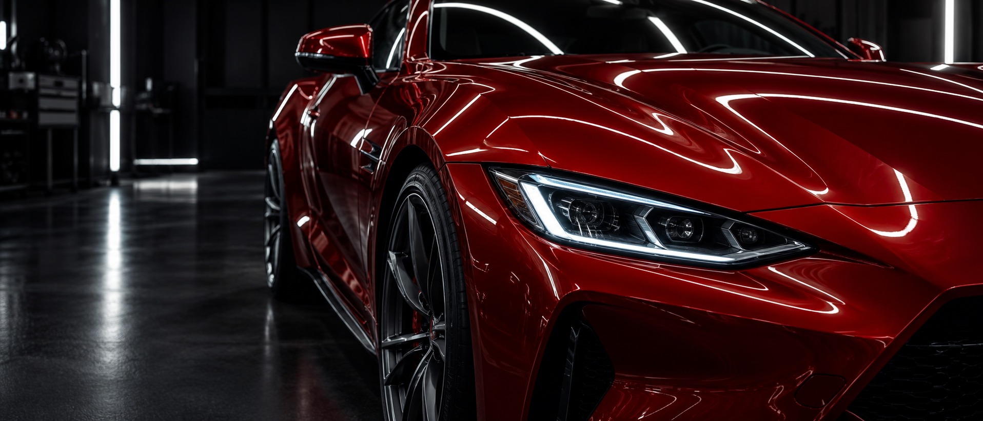 Glossy red car with dramatic studio lighting