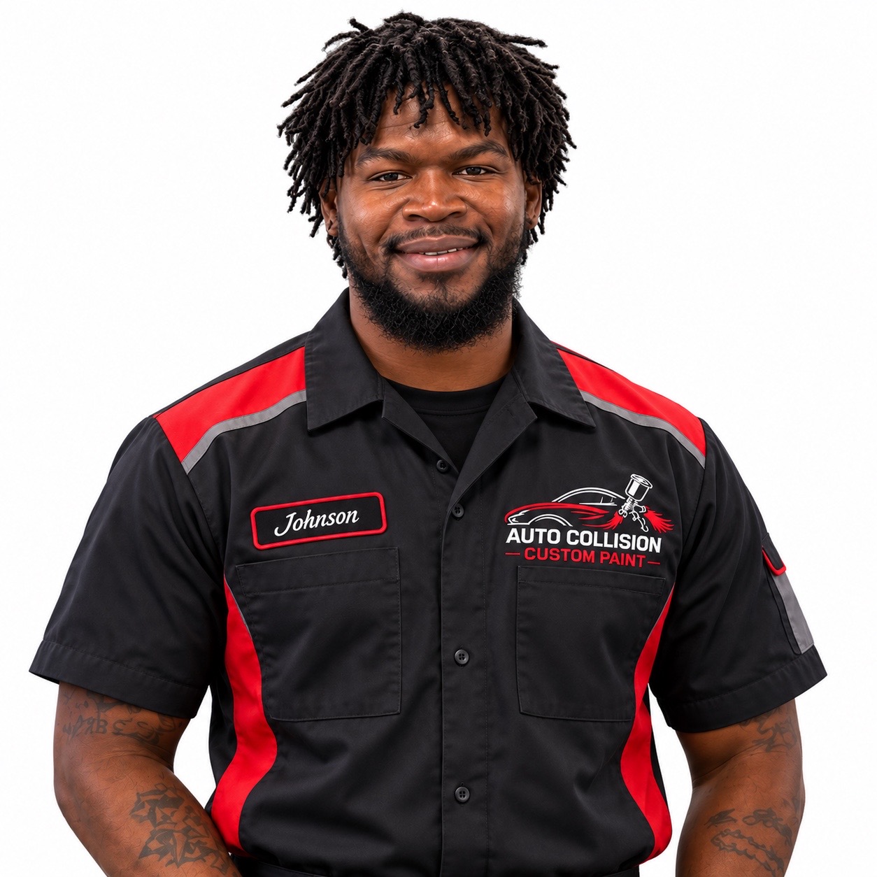 Johnson wearing a black and red Auto Collision Custom Paint work shirt